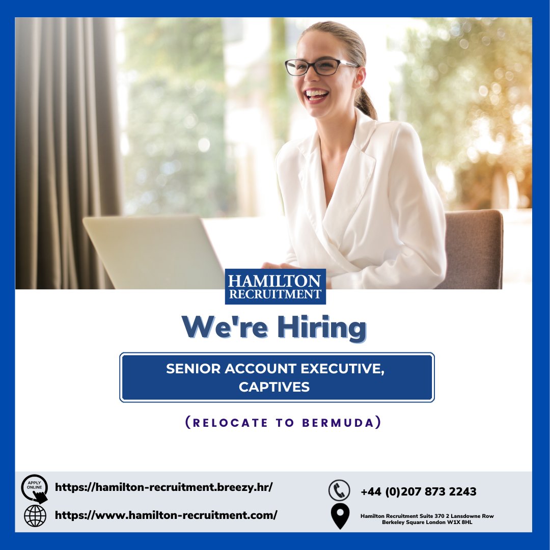 WE’RE HIRING: Senior Account Executive, Captives | Bermuda. Apply here: hamilton-recruitment.breezy.hr/p/55abfbeb8a74… #BermudaJobs #Bermuda #Captives