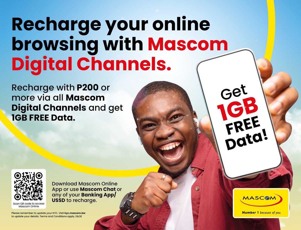 Enjoy 1GB FREE Data! Simply recharge with P200 or more through any of these channels to qualify: -Mascom Online (online.mascom.bw) -MascomChat (WhatsApp: +26771999999) -Any of your Banking Apps Stay connected with Mascom! #Number1BecauseOfYou #MascomOnline #MascomChat