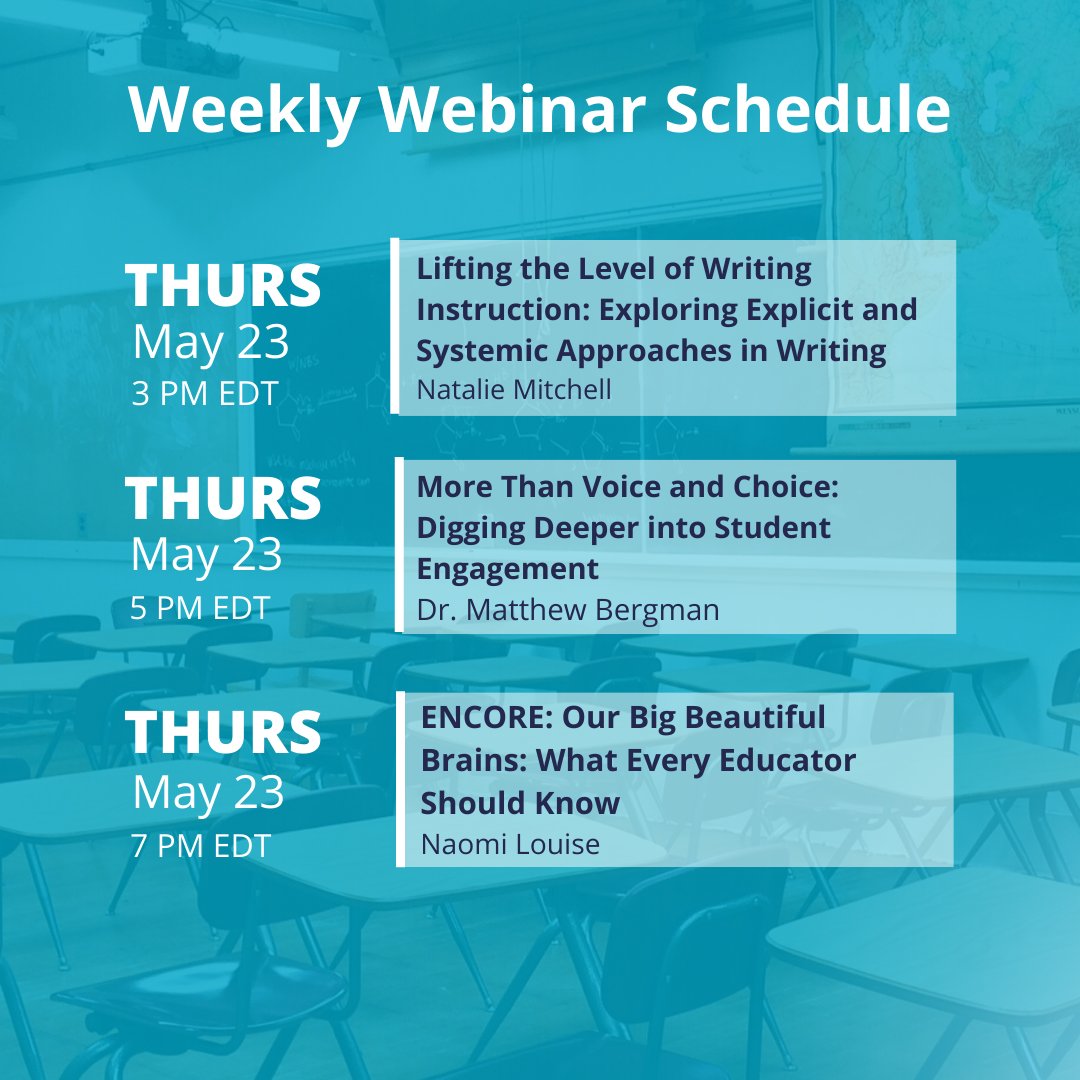 SimpleK12's tweet photo. We have a week packed FULL of awesome webinars! 📝🧠 Join us for one of our amazing upcoming webinars, brought to you by seasoned leaders in education. #Sk12training #WebinarsforEducators

Click the link below to learn more and register! ⬇️
https://t.co/MpJha9ethC https://t.co/HzbWPtSjaH