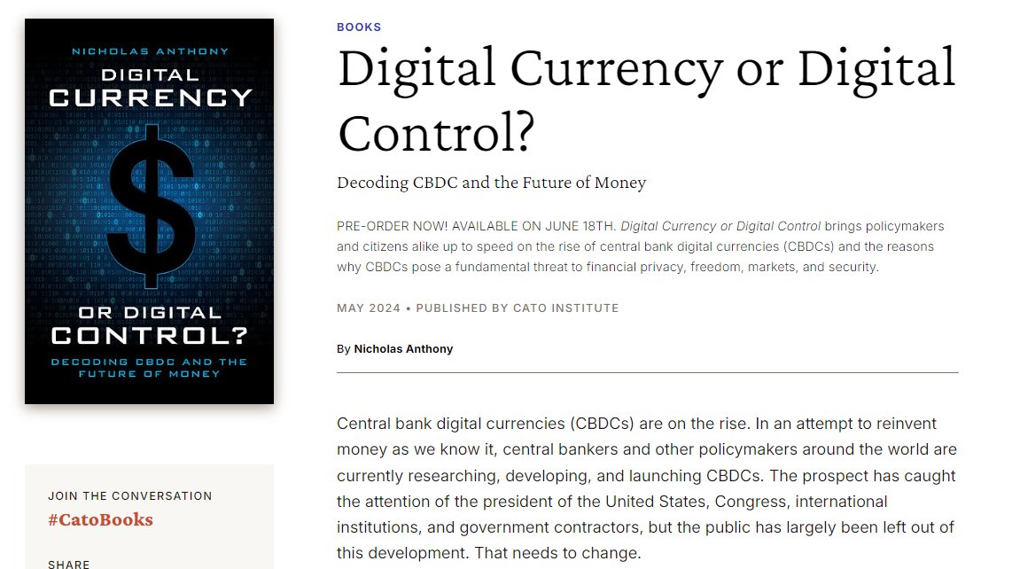 With signs pointing to the House voting this week on whether to prohibit the Federal Reserve from issuing a CBDC, I couldn't think of a timelier moment to announce my book. Coming out June 18, it has everything you need to get up to speed on CBDCs. 🔗: cato.org/books/digital-…
