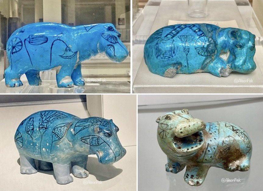 Something lovely to start the week! 🦛 💙

Four adorable blue faience hippos made by ancient Egyptian artisans some 4,000 years ago!

Decorated with lotus flowers, these blue faience hippos are associated with the life-giving Nile and regeneration/rebirth. Photos my own.

Top