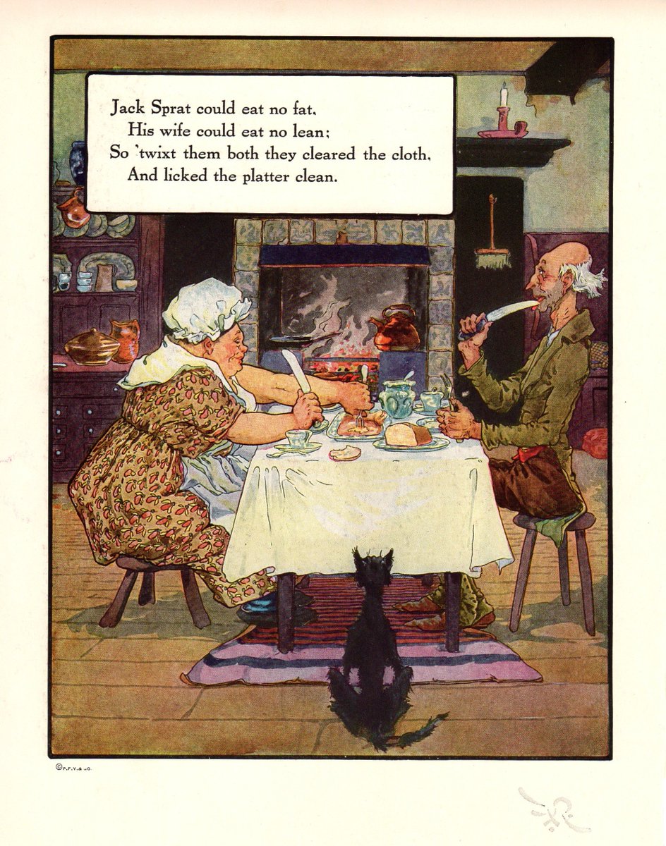 A lovely #watercolor #illustration of Mother Goose's #JackSprat. Don't know the #illustrator. Charming and emblematic of the type of #art found in #books of the era.

#childrensbooks #vintagebooks #BoydSmith #MotherGoose #nurseryrhymes #fat #diet #kidsbooks #vintage #marriage