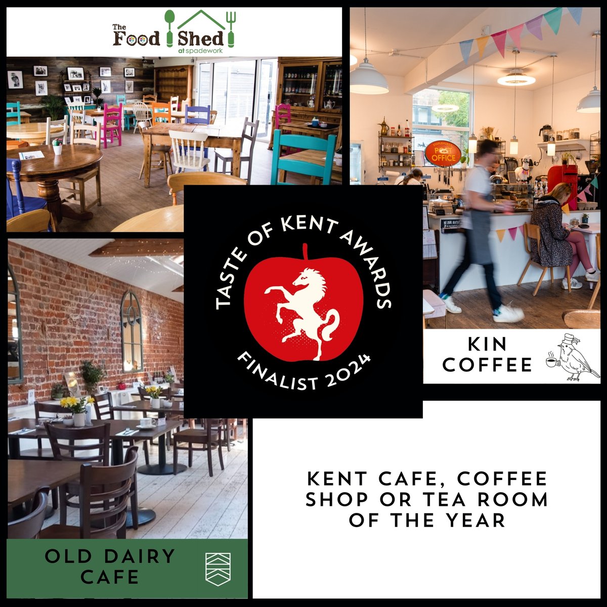 Kent Café, Coffee Shop or Tea Room of the Year The finalists are: The Food Shed Café at @SpadeworkOffham @KinCoffeeUK, Staplehurst Old Dairy café,@GoodnestonePark Discover the other finalists & see them at the Food & Drink festival: ow.ly/FiCM30sCtFg