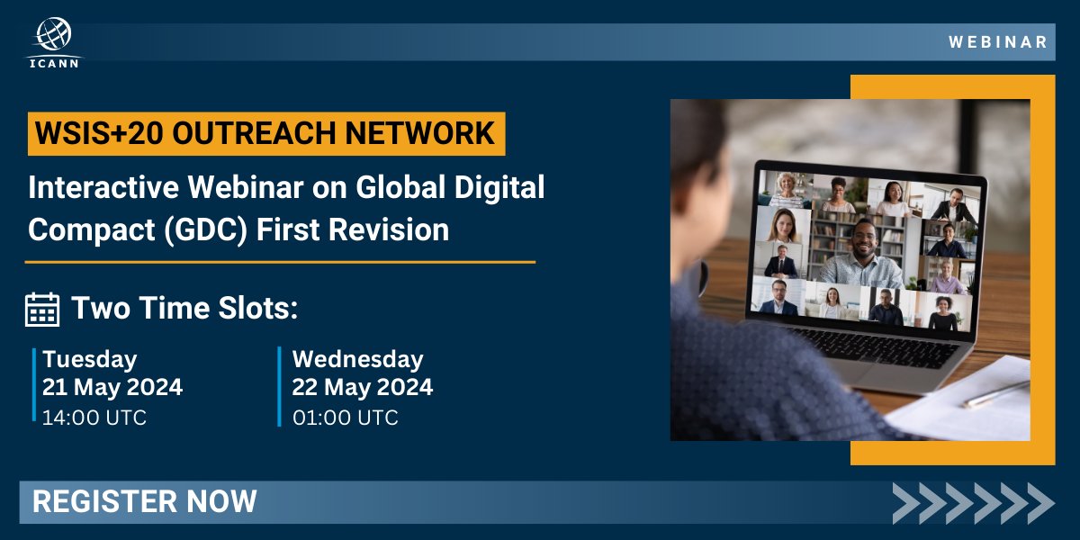 Join the #WSIS+20 Outreach Network to discuss the first Global Digital Compact revision and its implications! Two sessions available: Webinar 1: 21 May 2024, 14:00 UTC >> go.icann.org/3yleOmS Webinar 2: 22 May 2024, 01:00 UTC >> go.icann.org/4bIBImw Register now! #ICANN