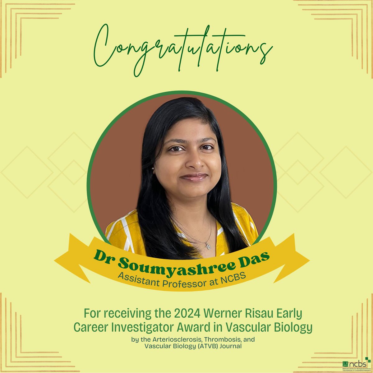 Dr Soumyashree Das, Asst. Prof at NCBS is the recipient of the 2024 Werner Risau Early Career Investigator Award in Vascular Biology, for her article “Dedifferentiation &amp; Proliferation of Artery Endothelial Cells Drive Coronary Collateral Development in Mice”
Congratulations! 🌟