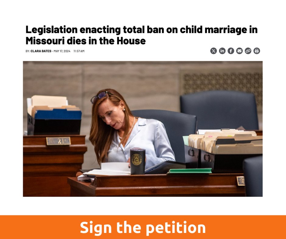 'Child marriage will remain legal in Missouri for at least another year after Republican House leaders said they don’t have enough time to pass it.' - @MO_Independent This is a shame to hear, but we will not stop fighting! Sign our petition today: ow.ly/hP0T50RMQqW