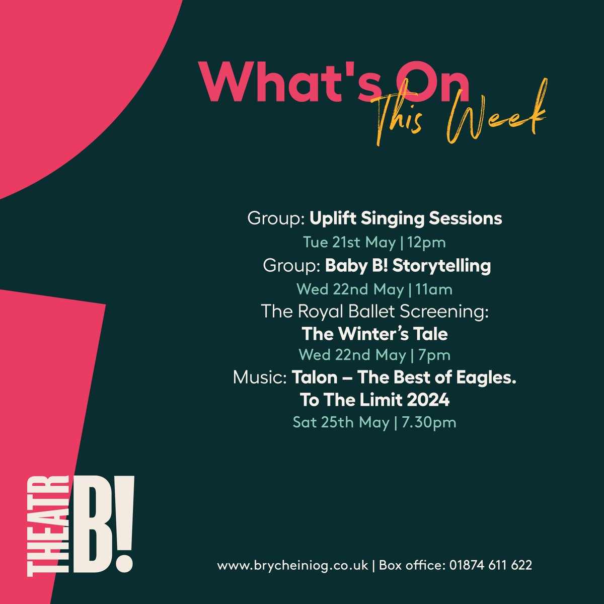 Check out what's on this week!

Plus, see our exciting lineup of shows at Theatr Brycheiniog. Open daily from 9am to 5pm. Book tickets online 24/7 at brycheiniog.co.uk.

Come and experience the joy and wonder of live theatre with us!

#TheatrBrycheiniog
#WhatsOn