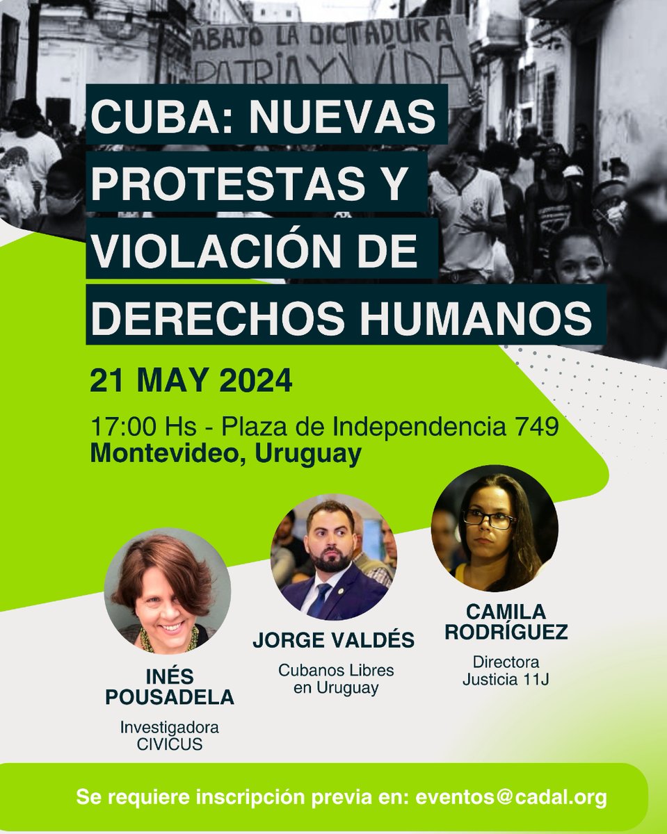 📢Nuestra dir. Camila Rodríguez hablará sobre #protestas y #DDHH en #SOSCuba con @inespousadela, de CIVICUS, y @valdesbartutis de Cubanos Libres en #Uruguay.

💬Comentarios: Daniel Buquet, politólogo de la Universidad de la República.

📌Modera: @GabrielSalvia, director de CADAL.