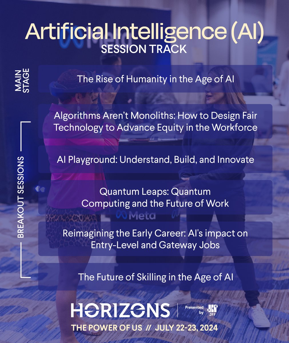 Announcing the AI track at #JFFHorizons! Join us July 22-23 in DC for a main stage featuring LinkedIn’s Aneesh Raman & Human Trust’s Vivienne Ming. Explore AI's future in breakout sessions on the future of AI, skilling, equity and more. Register now at jfflink.org/4bGLvcG