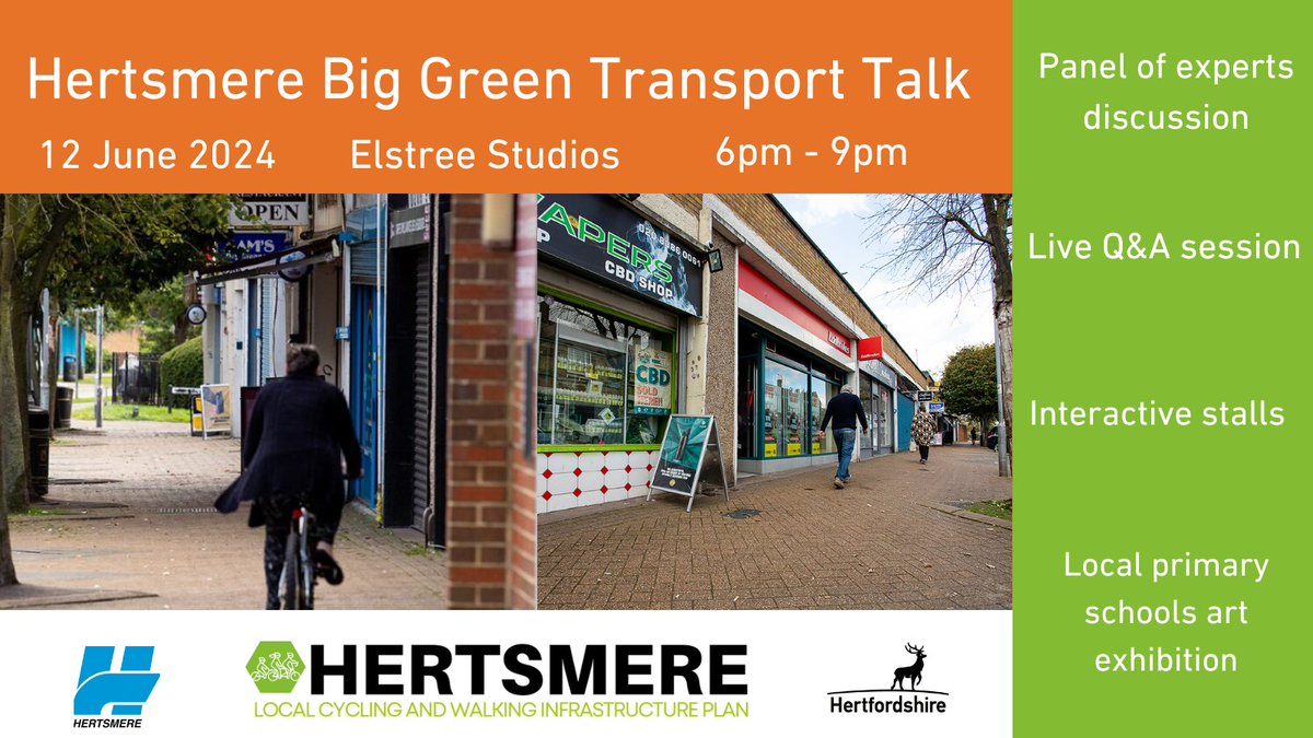 Save the date! Hertsmere’s Big Green Transport Talk is on June 12, in collaboration with @HertsmereBC to explore sustainable transport solutions. Featuring panel discussions and an interactive Q&A. Free food will be served. Register for free now! Hertfordshire.gov.uk/BGTT