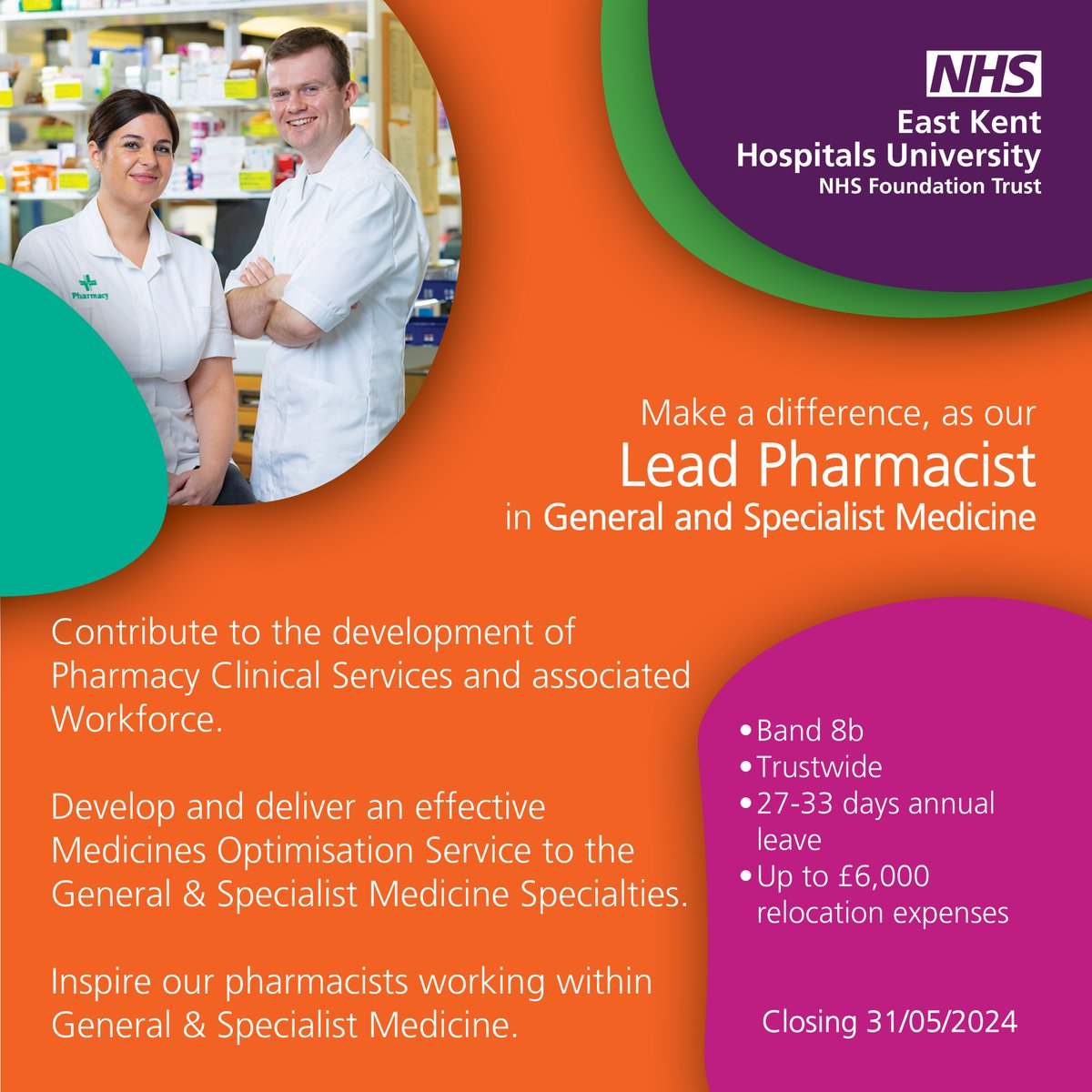 ⚕️  We're looking for a leader to join our team to oversee the pharmacy service in our General &amp; Specialist Medicine departments.   

💊To find out more or apply now, follow the link below⬇️ 
orlo.uk/LeadPharm_kejLl

#Pharmacy #PharmacyJobs #EKHUFT #NHSJobs