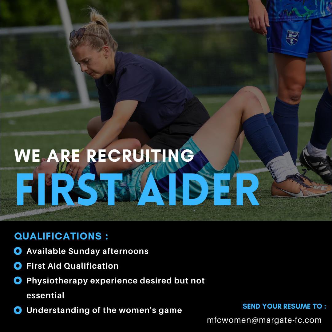 .@MargateFC_Women ARE RECRUITING 🤝

MEDIA TEAM 📲
COACH ⚽️
FIRST AIDER ⛑️

If you are interested in any of the above, please send your resume to mfcwomen@margate-fc.com 📧

#UpTheGate