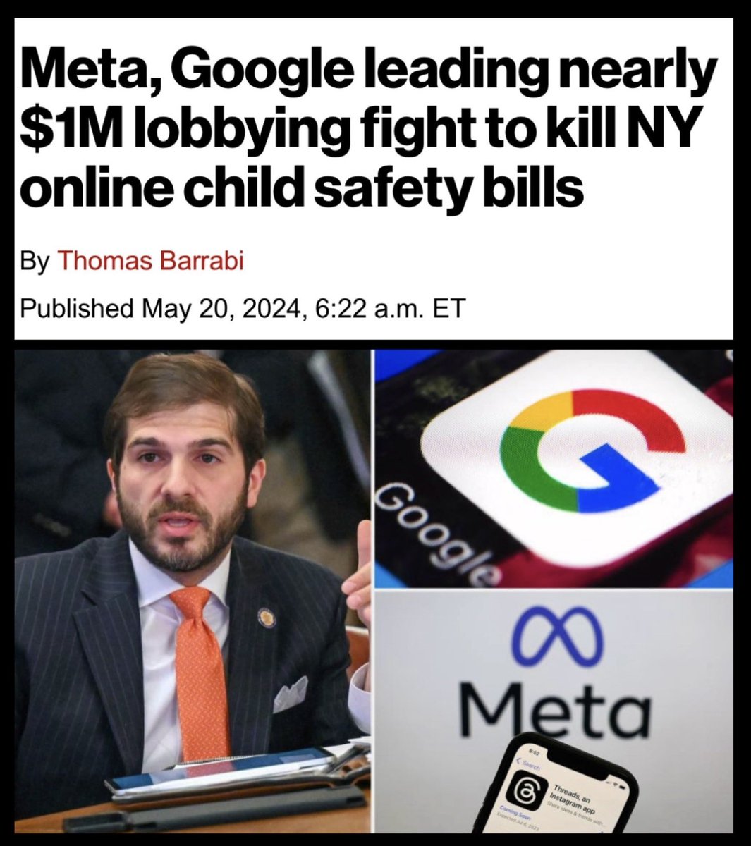 Big Tech firms, advocacy groups and companies from other sectors have spent $823,235 lobbying Albany lawmakers to stop the Stop Addictive Feeds Exploitation (SAFE) for Kids Act and the New York Child Data Protection Act. nypost.com/2024/05/20/bus…