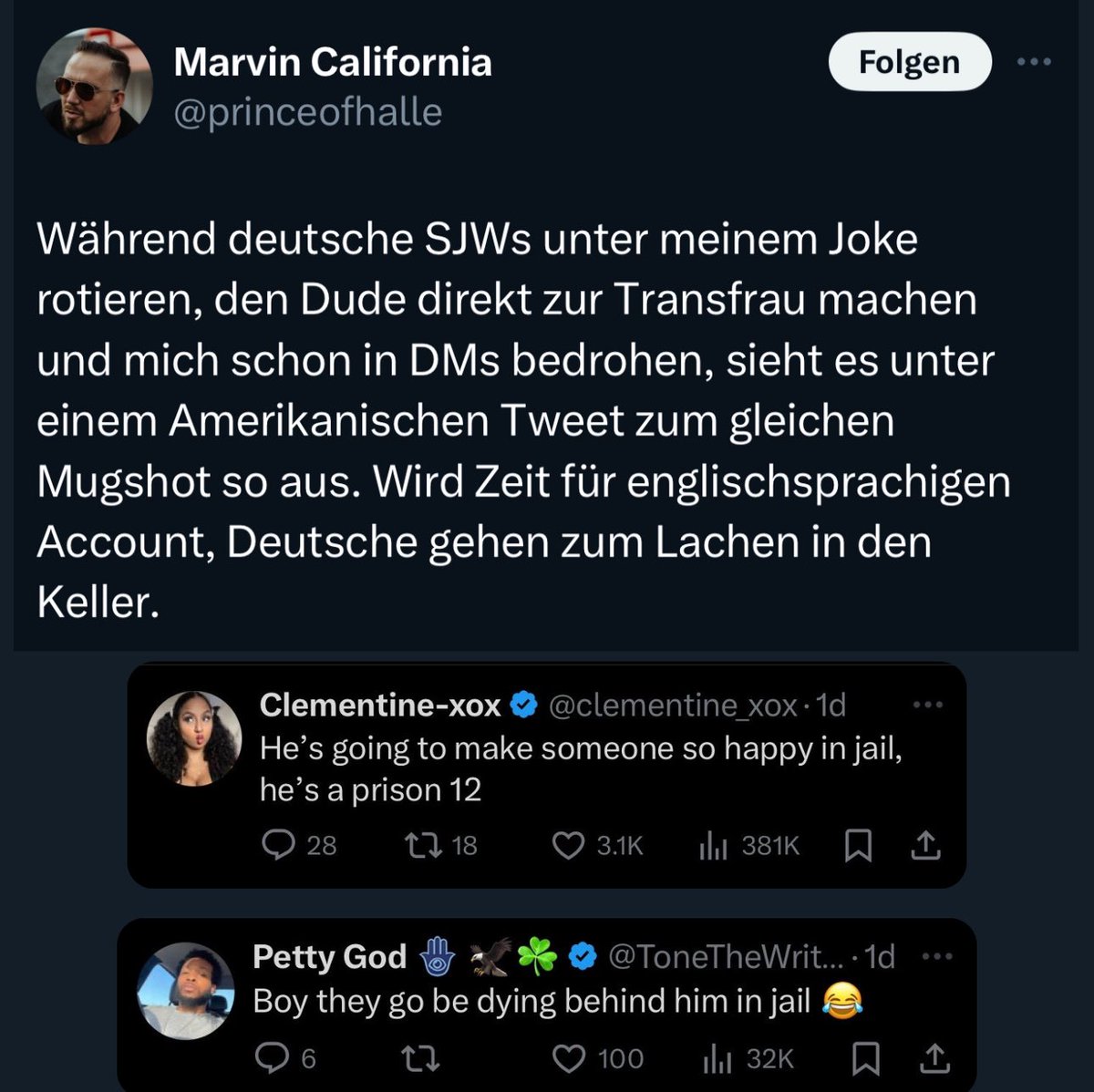 Haha, in USA lachen die Leute über Vergewaltigung und sexuelle Nötigung! Ihr Deutschen habt einfach kein Humor! 

Es hat nichts mit „SJW“ sein zutun, weil man deine widerwärtige Homo- und Transfeindlichkeit entlarvt. Jeder vernünftige Mensch sollte im Jahr 2024 gegen sowas sein.