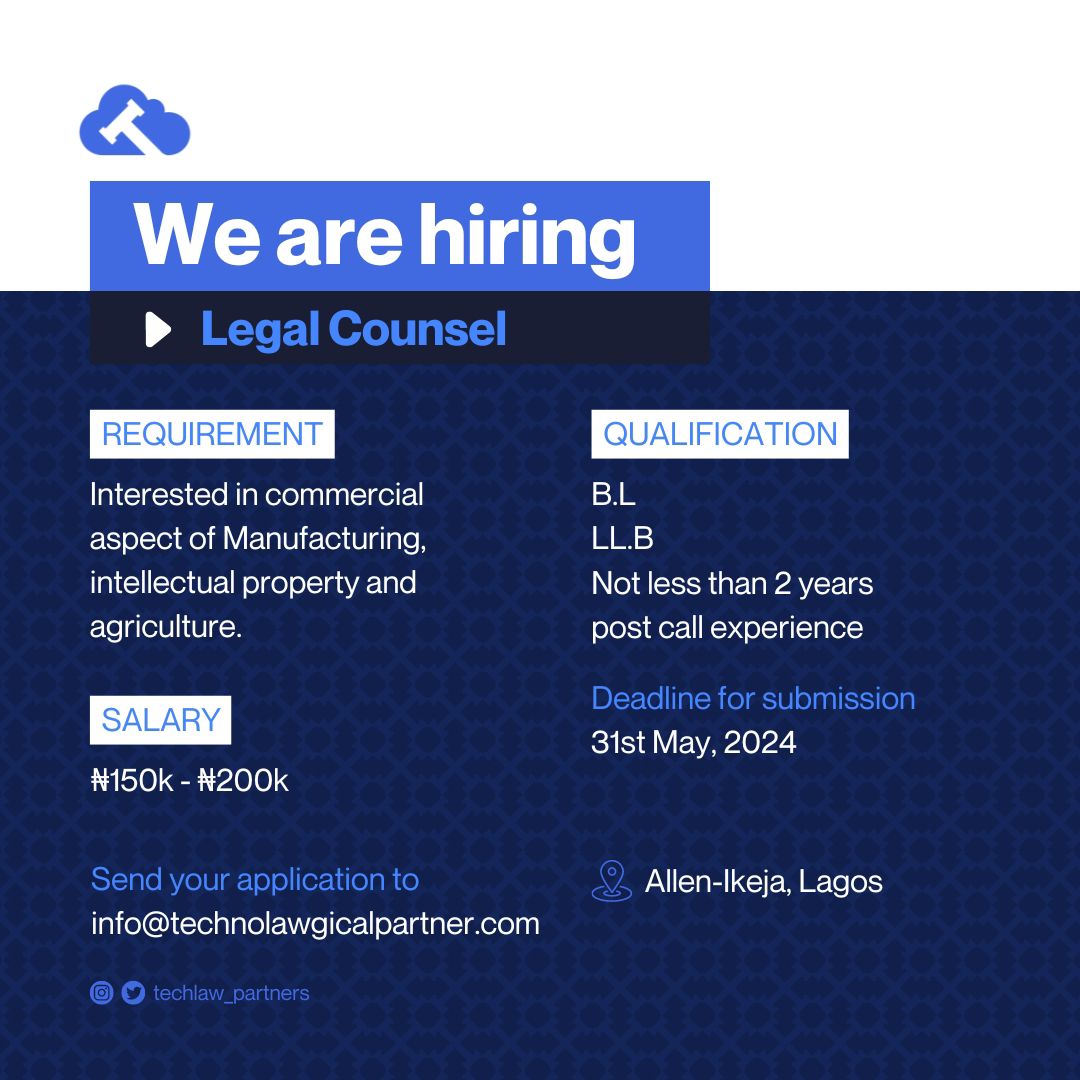 We are currently hiring for the position of a Corporate Counsel specializing in manufacturing and agricultural law. 

Please forward your application to info@technolawgicalpartner.com.