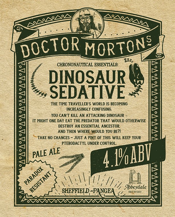 Unruly pterodactyl causing you bother? A pint of Dr Morton's Dinosaur Sedative is all you need to re-establish control! A tasty 4.1% pale ale hopped with Cascade & Vic Secret for notes of zesty citrus coupled with a refreshing pine character and a moreish bitter finish. Cask only