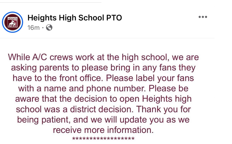 We are investigating reports that some <a href="/HoustonISD/">Houston ISD</a>  campuses, including Heights High School, were opened this Morning that do not have working air conditioning. Out weather team is forecasting a high of 91 degrees today.