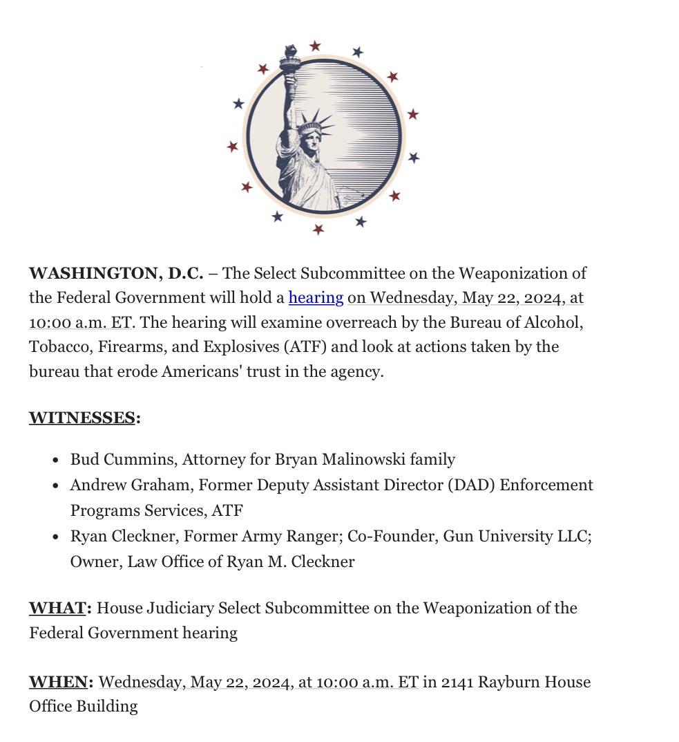 🚨 HEARING ADVISORY: The Weaponization of the ATF 

#SecondAmendment