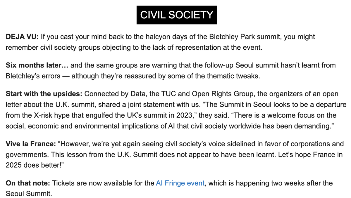 Reported in Politico, today with @The_TUC and @OpenRightsGroup we're calling out how the hand waving at ‘inclusivity’ amounts to little when select corporations, govs and narrow perspectives are still dictating the trajectory of AI. #AISeoulSummit