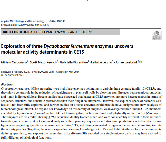 Three unique CE15 members encoded by Dyadobacter fermentans were investigated by Miriam Carbonaro, <a href="/SMazurkewich/">Scott Mazurkewich</a>, @JohanLarsbrink  and colleagues. Visit the journal site to learn more about their research.
link.springer.com/article/10.100…

#CE15