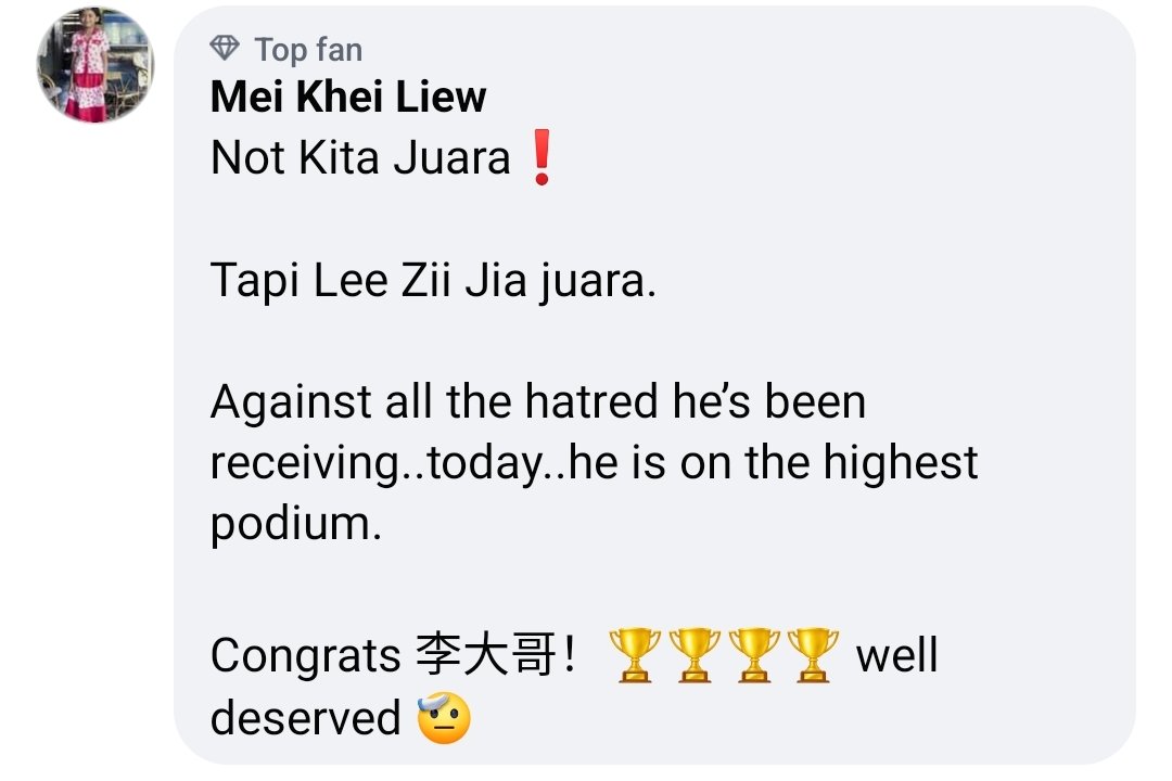 Betul, bukan kita juara, Lee Zii Jia yang juara. I want him to keep this victory to himself, this is for Lee Zii Jia and his team rather than for Malaysia. For Malaysia he did plenty especially during the recent Thomas Cup.