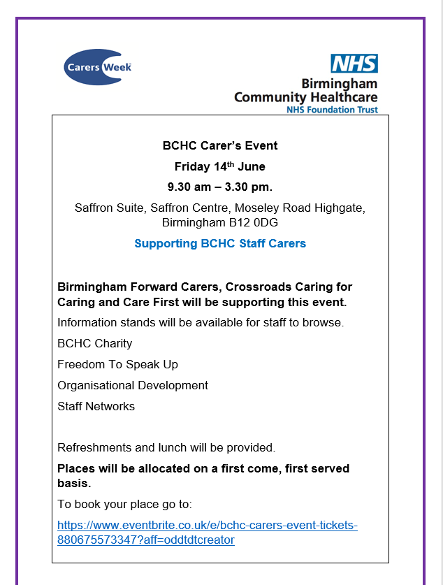 Equality Team BCHC (@bchcequality) on Twitter photo BCHC Staff Carer's Event
Friday 14th June 9.30 am - 3.30 pm
Saffron Centre, Highgate Birmingham B12 0DG.
<a href="/bhamcommunity/">@bhamcommunity</a> <a href="/bchcdansn/">BCHC DANSN</a> <a href="/BMENetwork1/">BME Staff Network</a> <a href="/bchclgbt/">BCHCLGBT</a> <a href="/BCHC_WEN/">BCHC Women's Equality Network</a>
Please book your place by 7th June via Eventbrite
eventbrite.co.uk/e/bchc-carers-…. BCHC Staff Carer's Event
Friday 14th June 9.30 am - 3.30 pm
Saffron Centre, Highgate Birmingham B12 0DG.
<a href="/bhamcommunity/">@bhamcommunity</a> <a href="/bchcdansn/">BCHC DANSN</a> <a href="/BMENetwork1/">BME Staff Network</a> <a href="/bchclgbt/">BCHCLGBT</a> <a href="/BCHC_WEN/">BCHC Women's Equality Network</a>
Please book your place by 7th June via Eventbrite
eventbrite.co.uk/e/bchc-carers-….