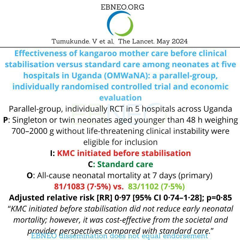 Is Kangaroo care initiated early or before stabilizatiEon beneficial in reducing mortality? New RCT published @TheLancet buff.ly/3WN8GxC #neoEBM #EBNEOAlerts