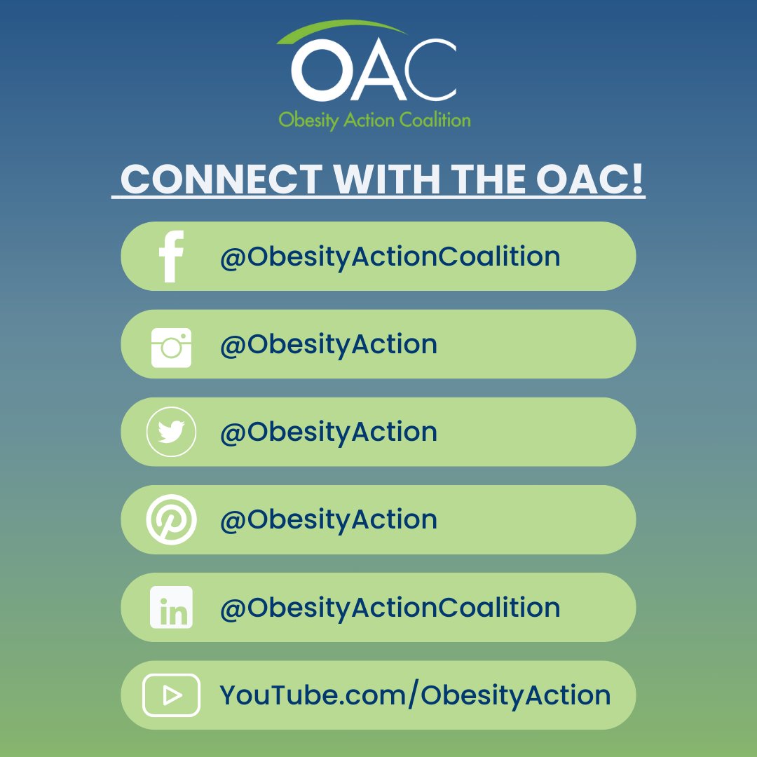 🌐 Stay connected with the OAC across the digital universe! Additionally, you can subscribe to our e-newsletter to receive important updates directly in your inbox. 💌 obesityaction.org/community-free