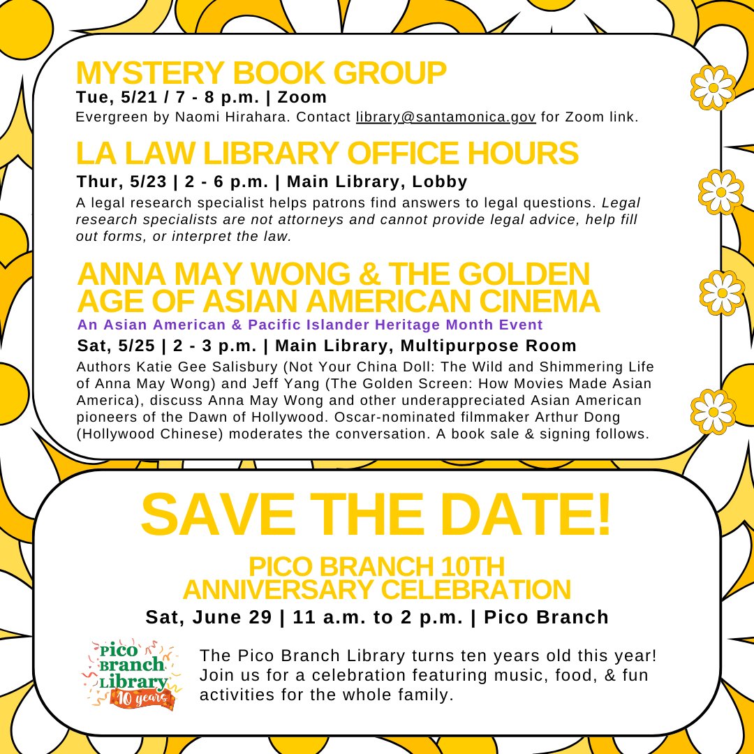 This Week at the Library, celebrate #AAPIHeritageMonth & #MentalHealthAwarenessMonth 💜💚 Visit the link in our bio for all May programs. #SMPL #SMPublicLibrary #SantaMonicaPublicLibrary #TheBestLibraryOnTheWestCoast #AAPI #MentalHealth
