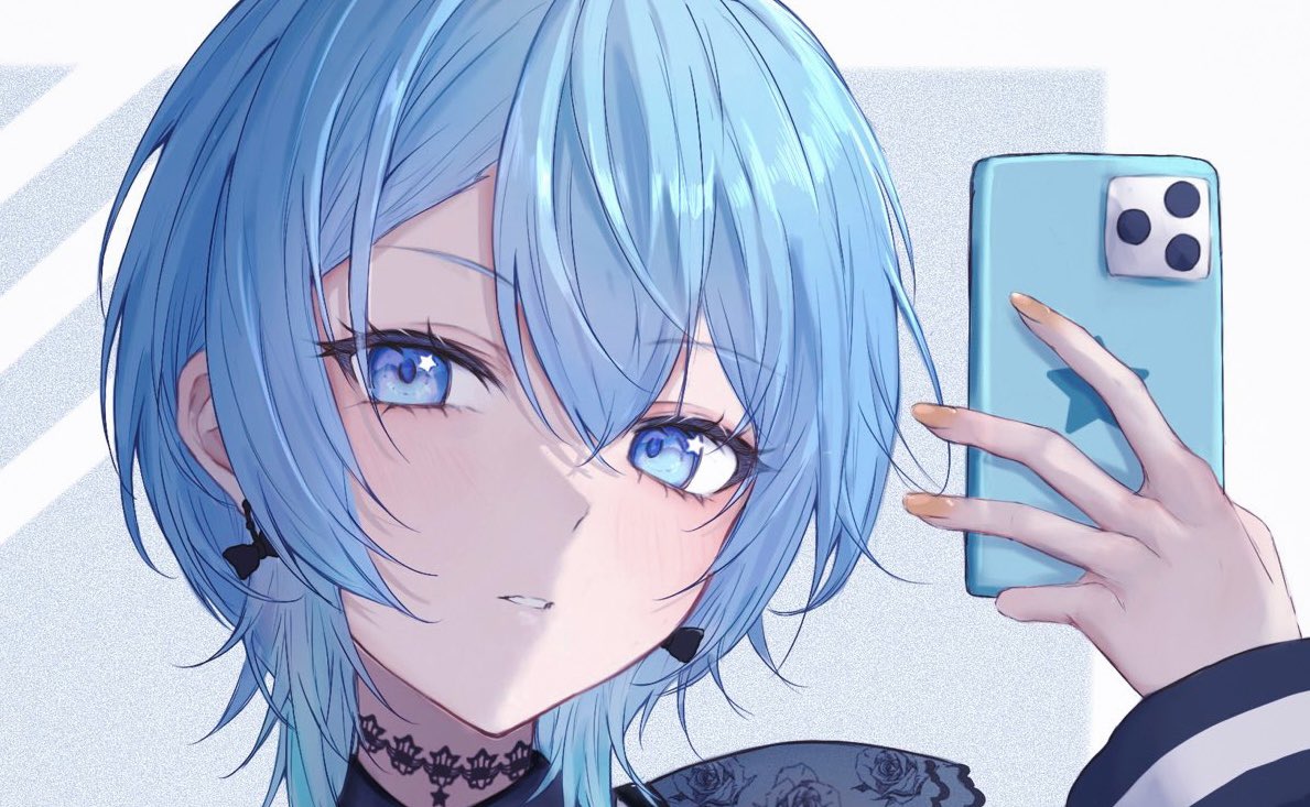 hoshimachi suisei 1girl solo looking at viewer blush short hair blue eyes holding  illustration images