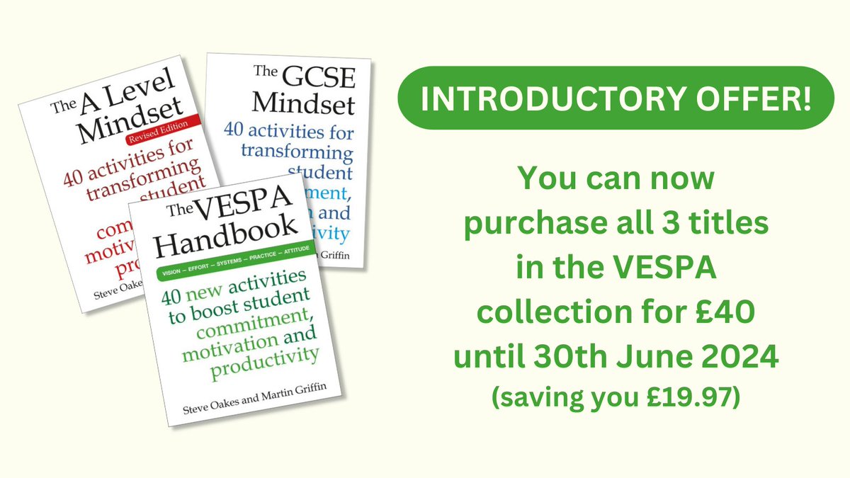 Crown House Publishing (@crownhousepub) on Twitter photo ⏰ Last chance to get all three books in the #VESPA series by <a href="/VESPAmindset/">VESPA Mindset</a> for just £40! (RRP £59.97)
Don't miss out, shop the series bundle here: crownhouse.co.uk/vespa-bundle-o…
Offer ends on 30/06/24. ⏰ Last chance to get all three books in the #VESPA series by <a href="/VESPAmindset/">VESPA Mindset</a> for just £40! (RRP £59.97)
Don't miss out, shop the series bundle here: crownhouse.co.uk/vespa-bundle-o…
Offer ends on 30/06/24.