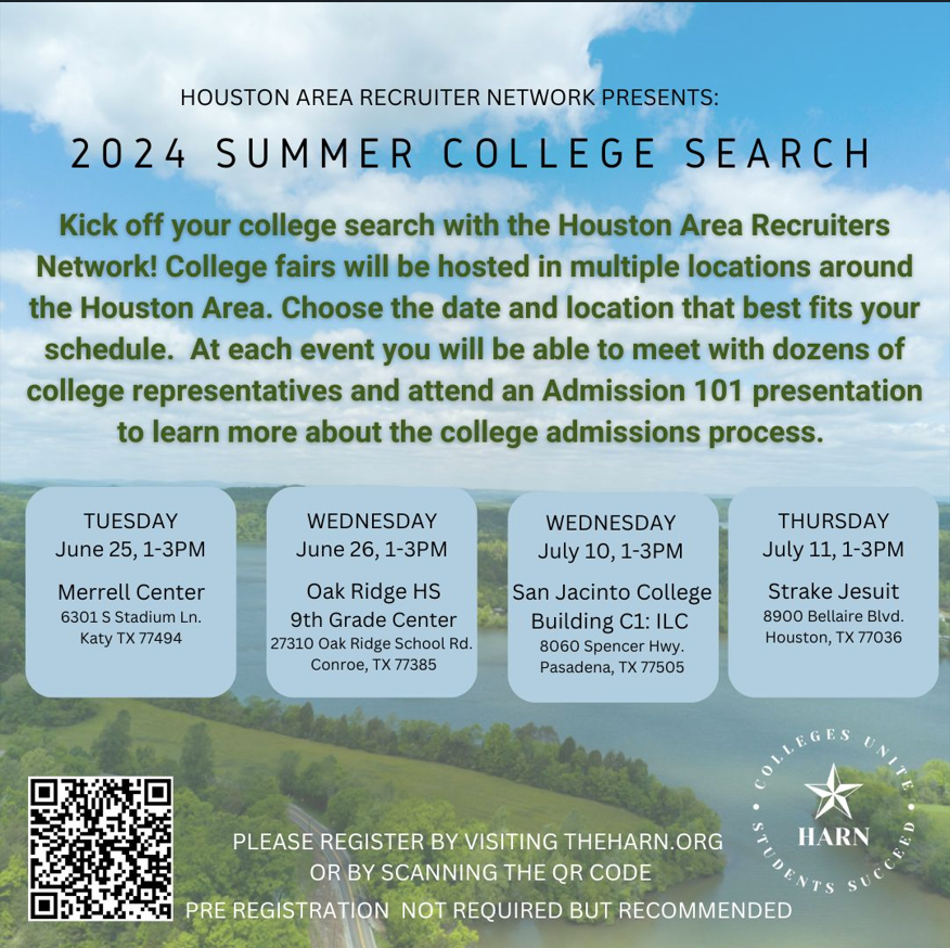Calling all Houston area students‼️

Looking to take control of your college future? HARN's annual Summer Search kicks off June 25!  Come visit with a variety of colleges from across the U.S. in Houston this summer to get answers to all things college!🎓😎
theharn.org/events