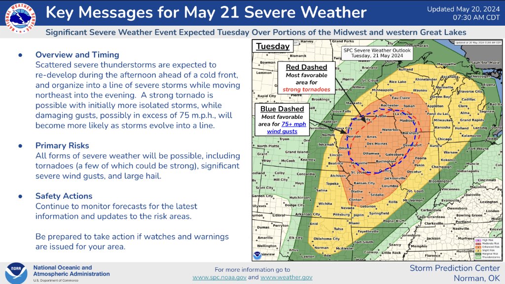 The NWS Storm Prediction Center is monitoring yet another significant severe weather outbreak possible tomorrow (Tuesday). Damaging winds, large hail, and a few, possibly strong, tornadoes are likely across portions of the Midwest.