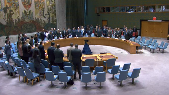 UN Security Council members stand and observe a moment of silence in remembrance of Iranian President Seyyed Ebrahim Raisi, Foreign Minister Hossein Amir-Abdollahian and other officials who died in a helicopter accident on 19 May