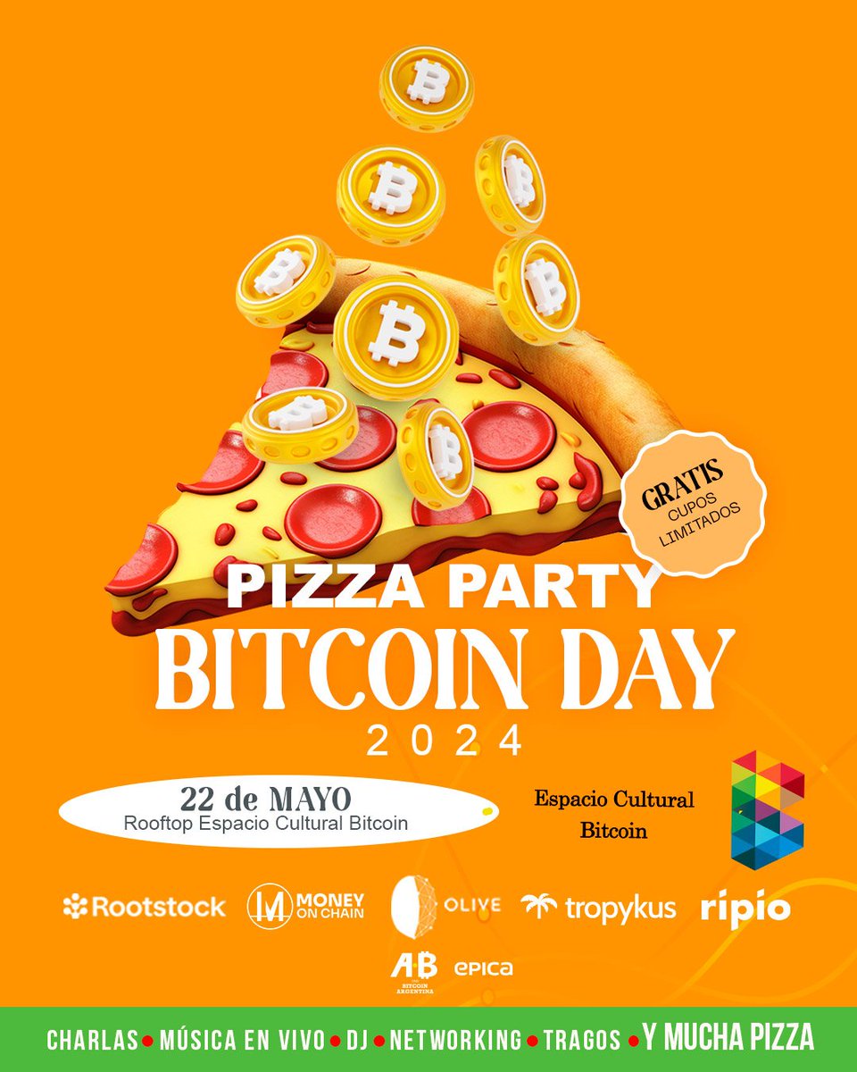 YA FALTAN SOLO 2 DÍAS para celebrar nuestra fiesta por el #Bitcoin Pizza  Day 2024! Nos vemos en @EspacioBitcoin en Buenos Aires 🇦🇷 en esta fecha  tan especial para todos los bitcoiners