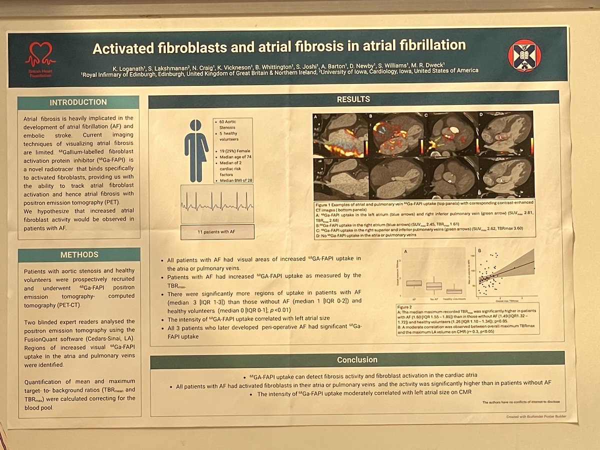 #ICNCCCT2024 pro-tweeter @KrithikaLogana2 takes a break from 🐦to present fantastic data on #GaFAPI in AF ☢️
🔵 GaFAPI detects atrial fibrosis (thin structure, previous hard to see scar!)
🔵 Pulmonary vein and/or atrial FAPI in ALL those with AF
🔵 Correlation with atrial size