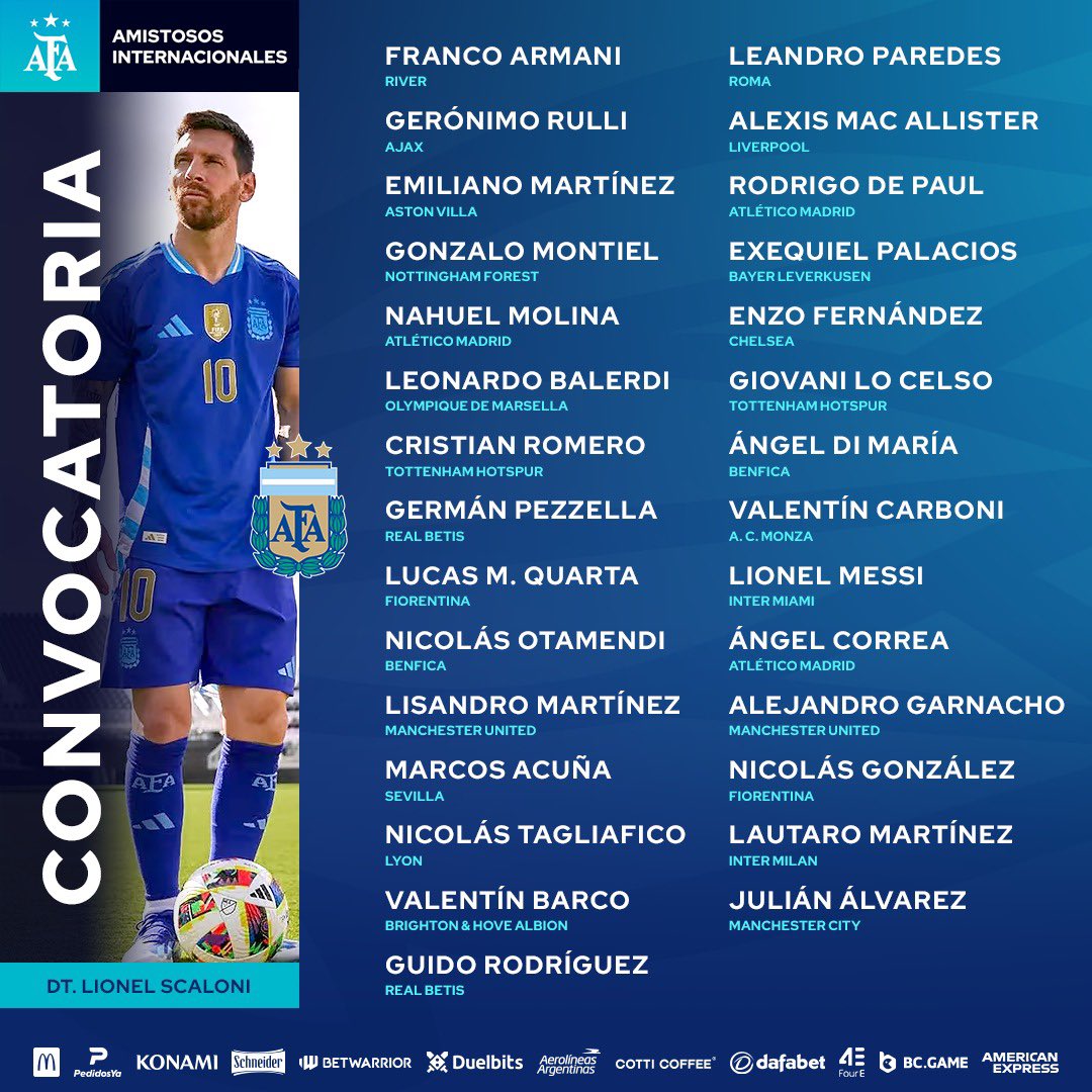 #SelecciónMayor Nómina de futbolistas convocados para los dos amistosos preliminares que jugará @Argentina ante @LaTri y @fedefut_oficial. ¡Vamos @Argentina! 🩵🤍🩵