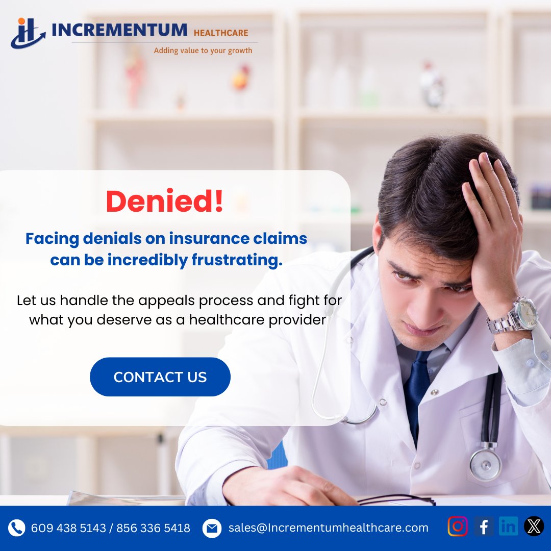 IncrementumHC's tweet image. Don&apos;t Let Denied Claims Hinder Your Care. Our team tackles appeals efficiently, ensuring you receive the reimbursement you deserve.

Contact Us:
lnkd.in/gNQ6dk8U

#RevenueMaximization #appealsprocess #ARFollowUp #ChallengingAccountsHandled #accountsreceivable