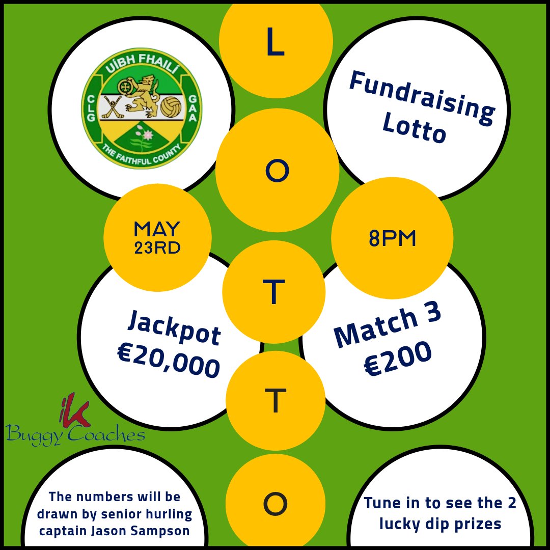𝘽𝙚 𝙖 𝙁𝙖𝙞𝙩𝙝𝙛𝙪𝙡 𝙁𝙤𝙡𝙡𝙤𝙬𝙚𝙧 𝙇𝙤𝙩𝙩𝙤

Jackpot: €2⃣0⃣,0⃣0⃣0⃣
Match 3: €2⃣0⃣0⃣
Lucky Dip Winner: Tune in to see.

The balls will be drawn by Offaly Senior Hurling Captain Jason Sampson.

Our next draw is live on Thursday 23rd at 8pm.

Click here to support: