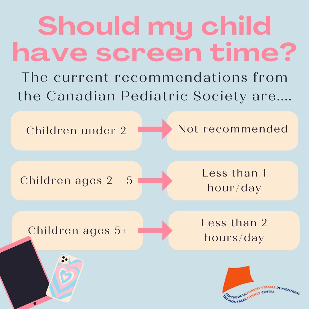 MontrealFluency's tweet photo. Concerned about your child's screen time? Here's what the Canadian Pediatric Society currently recommends.
See https://t.co/fNuF9XS6YQ and https://t.co/TeD3TFQlfM for more information.
#betterspeechandhearing #SLP #SpeechAndHearingMonth #speechlanguageandhearingmonth #screentime https://t.co/joJdHcQ66w