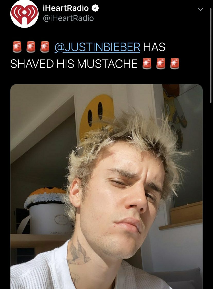 purplbase's tweet photo. justin bieber shaves his mustache after fans begged him to https://t.co/l5tgIMDPy9