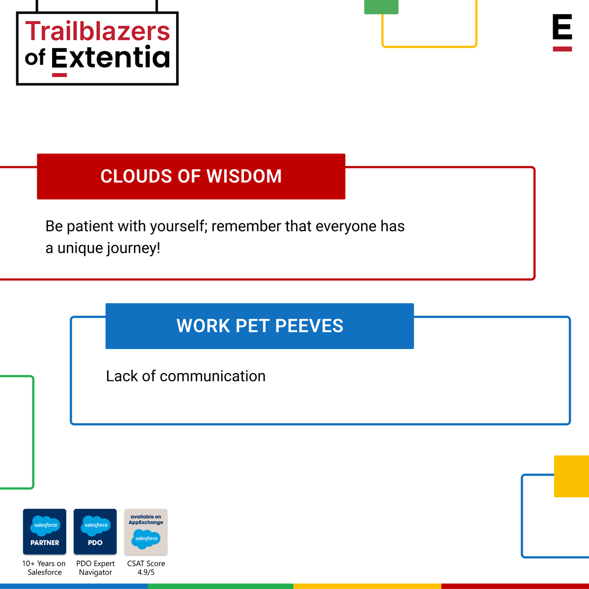 Extentia_Cloud's tweet photo. At #Extentia, we have a culture of mentorship where we respect diverse opinions &amp; view learning as a lifelong mission.
Extentia's StepUp community empowers this ethos, designed to share #Salesforce knowledge &amp; make the most of the team's collective expertise!
#Astro #LWC https://t.co/3YmsRVVi5A