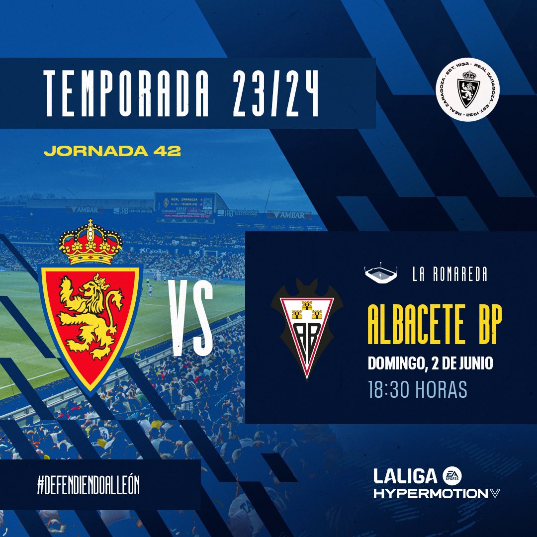 🆕 𝗛𝗢𝗥𝗔𝗥𝗜𝗢 jornada 4️⃣2️⃣

🆚 <a href="/AlbaceteBPSAD/">Albacete Balompié 🤍</a> 
🗓️ Domingo, 2 de junio 
⏰ 18:30 horas
🏟️ La Romareda