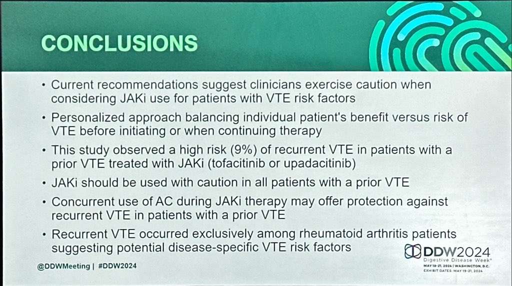 Anticoagulation on patients under JAKinhibition therapy who previously had VTE appear to be protected to recurrent VTE compared to those who were not ❗️of note all VTE occurred on RA patients none on IBD Presented by Jeffrey Lowel @DDWMeeting #DDW2024