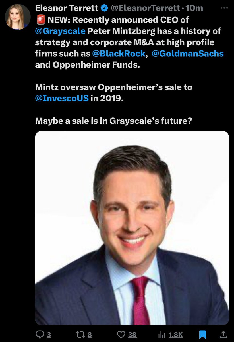 🔥 CEO của Grayscale, Michael Sonnenshein, đã từ chức sau 10 năm. Peter Mintzberg là CEO mới của Grayscale và có lịch sử về chiến lược và sáp nhập, mua lại doanh nghiệp tại các công ty nổi tiếng như BlackRock, Goldman Sachs và Oppenheimer Funds. Có phải họ sắp