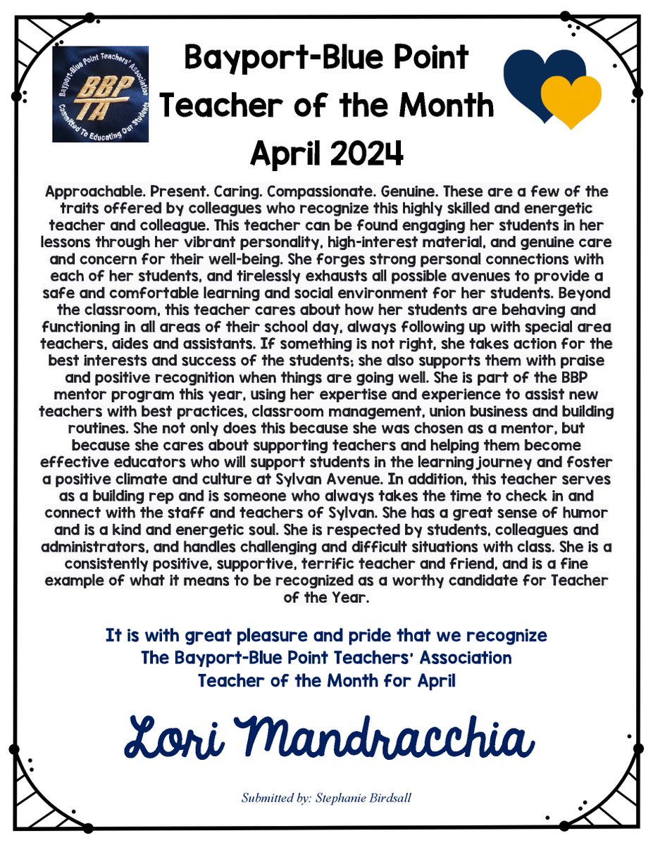 ⭐️The #BBP Teachers’ Association announced Thursday that the April 2024 #TeacherOfTheMonth is Ms. Mandracchia!  Congratulations to a great teacher! #BBP #ThankATeacher #BelongBelievePossible @BBPSylvan @eibbpta