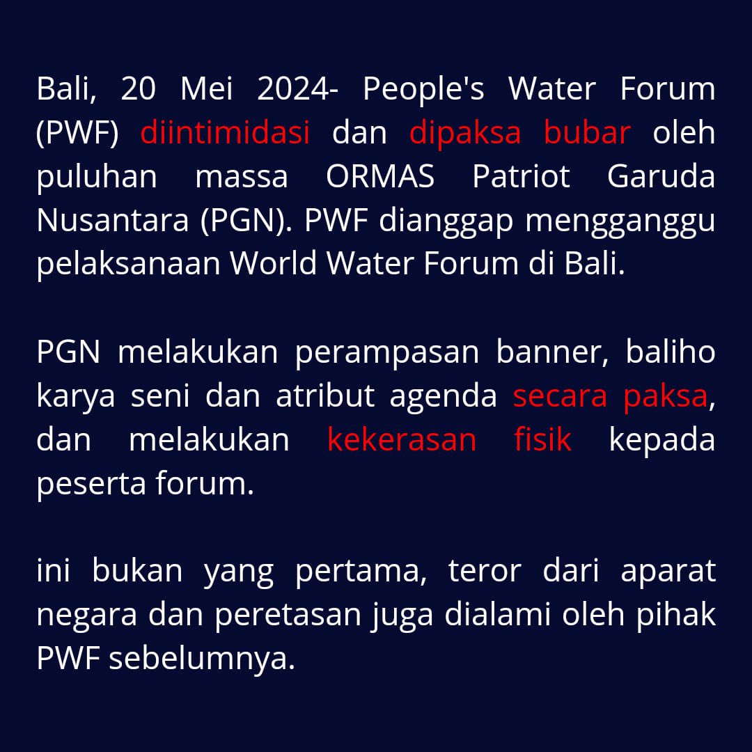 YLBHI's tweet photo. YLBHI dan @lbh_bali mengecam tindakan represifitas dan pembubaran agenda People's Water Forum di Bali hari ini dan mendesak Pemerintah Republik Indonesia untuk:

1. Menghentikan segala bentuk intimidasi, dan kekerasan dalam pelaksanaan PWF 2024, baik yang dilakukan oleh aparat negara, maupun dilakukan oleh organisasi kemasyarakatan;
2. Mendesak agar Negara menjamin dan memenuhi hak konstitusional warga negara untuk dapat melakukan kritik tanpa ada tekanan.

#mahkamahrakyatluarbiasa #mahkamahrakyat