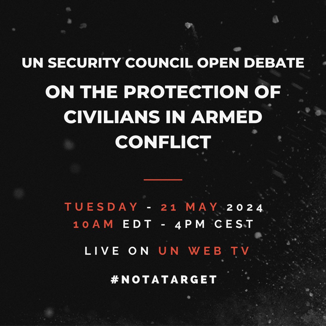 Civilians are #NotATarget ‼️ As we mark the 25th anniversary of Security Council resolution 1265, join us tomorrow for the #UNSC open debate on the protection of civilians in armed conflict: 📆21 May 🕙10AM EDT - 4PM CEST 🎥Live on @UNWebTV ➡️bit.ly/4bnLaf3