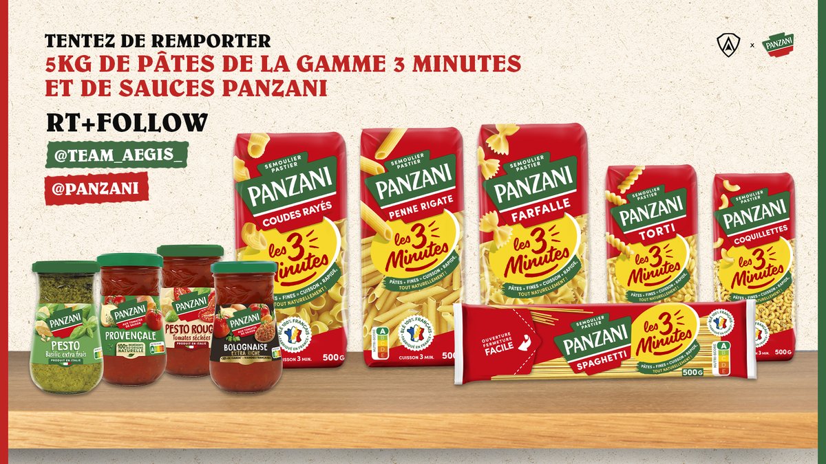 A l'occasion de notre partenariat avec @Panzani, on fait gagner à l'un(e) d'entre vous, 5kg de pâtes de la gamme 3 Minutes et de sauces Panzani ! 

Pour participer c'est facile : Follow @Team_Aegis_ & @Panzani et RT ce tweet !

Tirage au soir le lundi 27/05 ✨