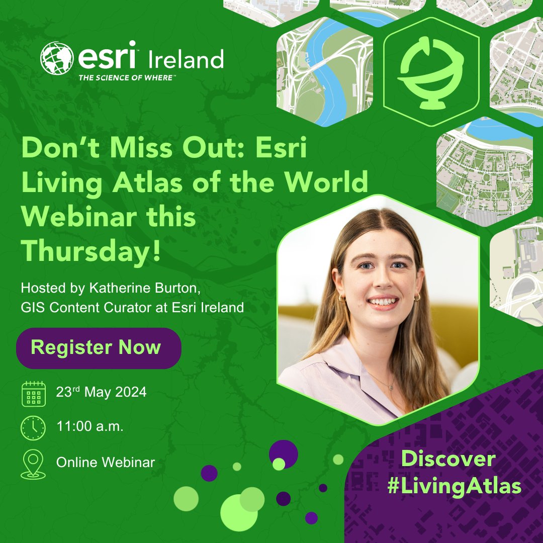 🔔Reminder: Register now for the Esri Living Atlas of the World webinar this Thursday: esri.social/rBcu50RNljE Join Katherine Burton, GIS Content Curator at Esri Ireland, to find ready-to-use geographic information and share your data seamlessly. 🗺️📊